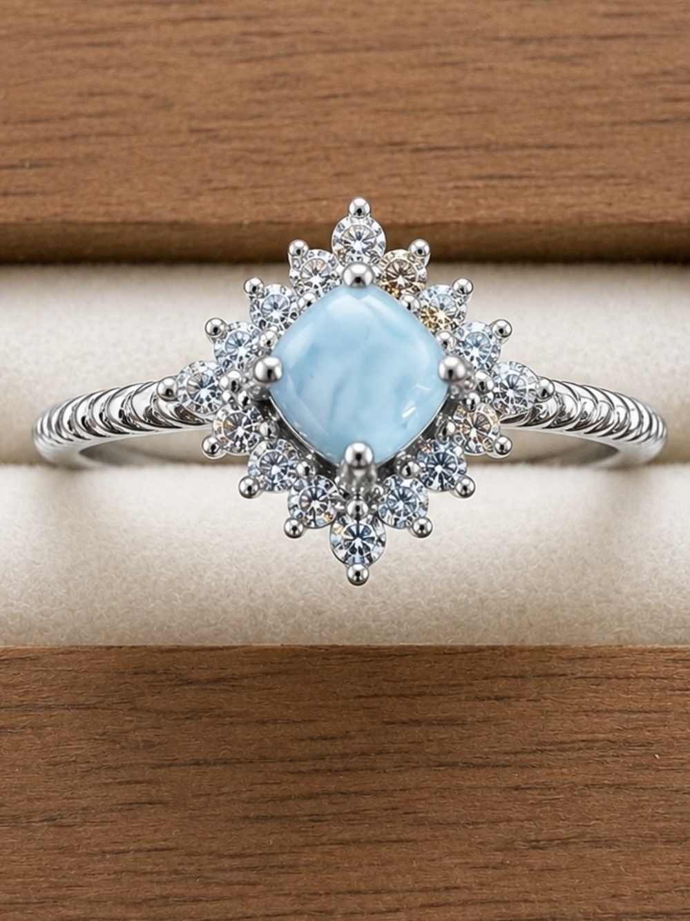 Silver Ring with Light Blue Stone and Crystal Halo - Picture 1 of 1